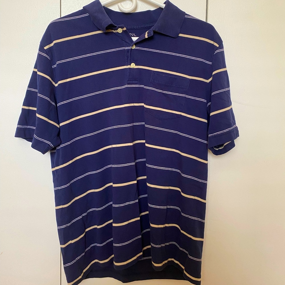 Large Mens navy blue and beige stripped polo shirt